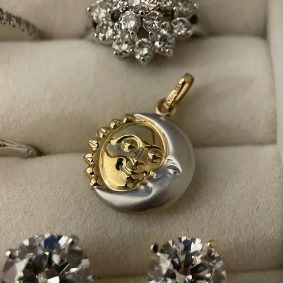 14k solid gold two tone puffy reversible sun moon face celestial pendant 3d - Picture 5 of 14